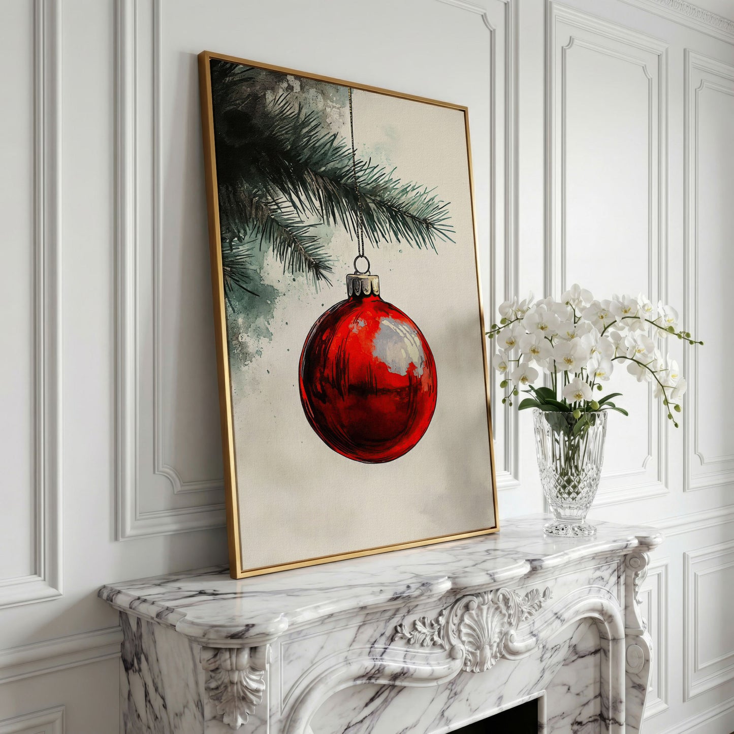 Red Bauble with Pine Twig Canvas Print in yellow gold floating frame