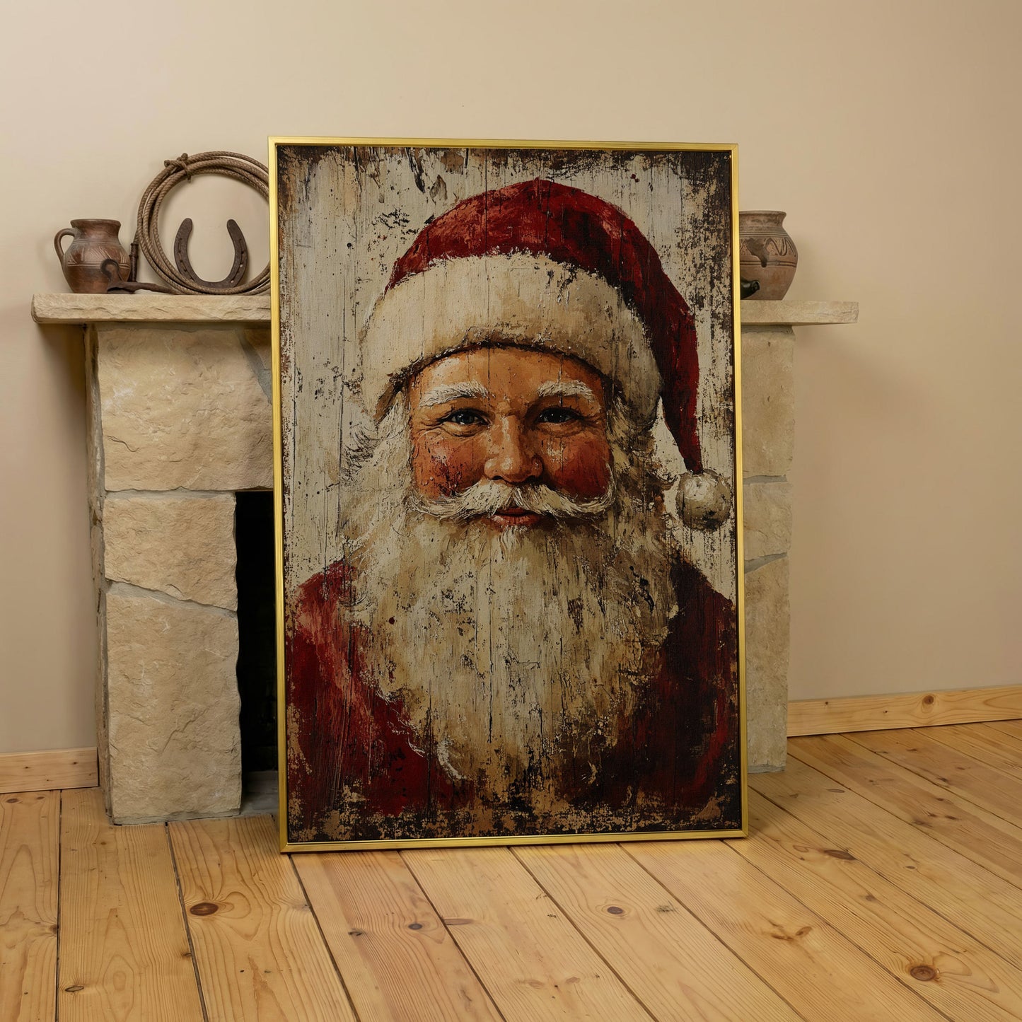 Smiling Santa Claus Canvas Print in Crimson and Cream in yellow gold floating frame