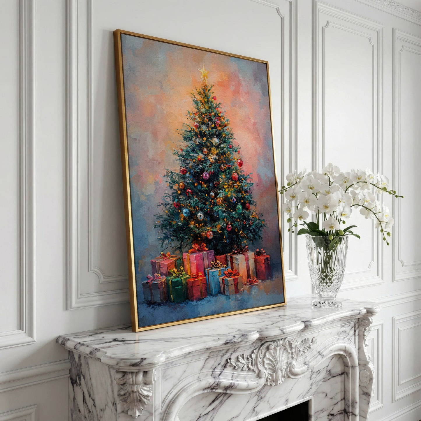 Christmas Tree Canvas with Teal & Rose Gold Gifts in yellow gold floating frame