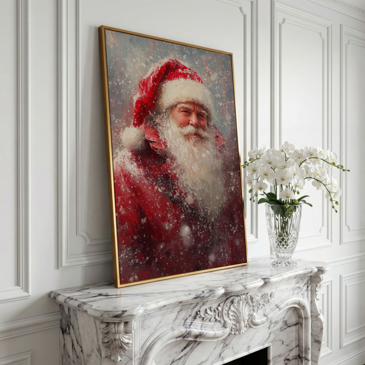 Classic Santa in Snowy Canvas Print in yellow gold floating frame