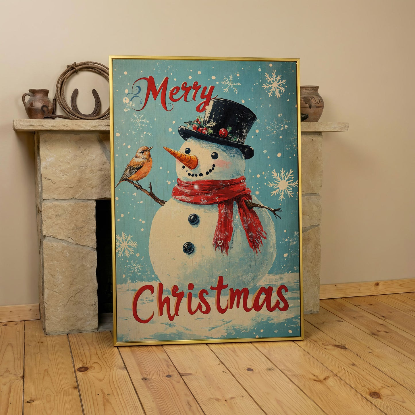 Festive Snowman with Bird Canvas Print in yellow gold floating frame