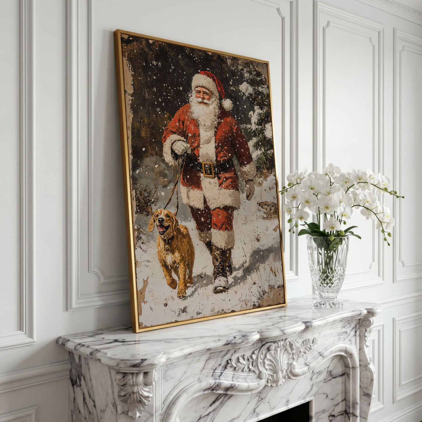 Santa and Golden Retriever Holiday Canvas in yellow gold floating frame
