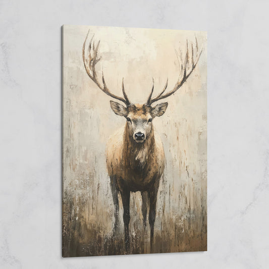 Majestic Reindeer Canvas. Portrait Stag in Taupe & Ecru on gallery wrap
