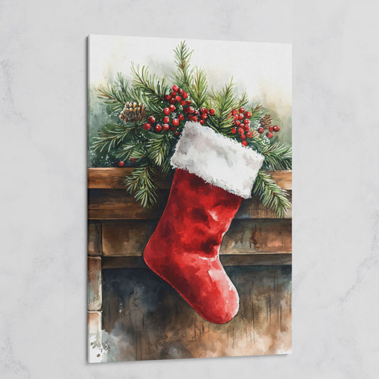 Red Christmas Stocking with Pine Twigs Canvas on gallery wrap