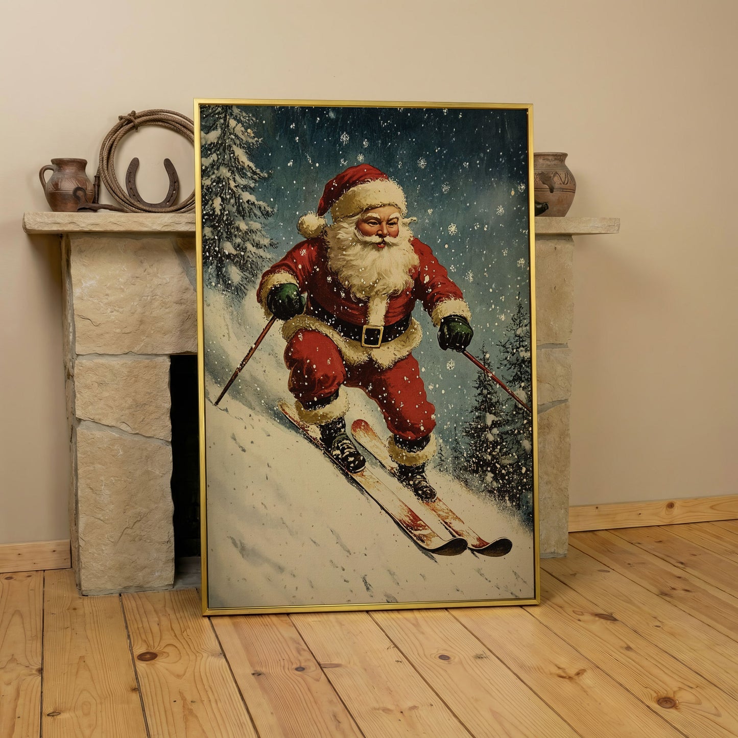 Santa on Skis Canvas Print in yellow gold floating frame