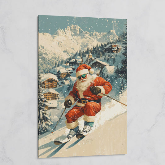 Santa Skiing Mountain Canvas Print on gallery wrap