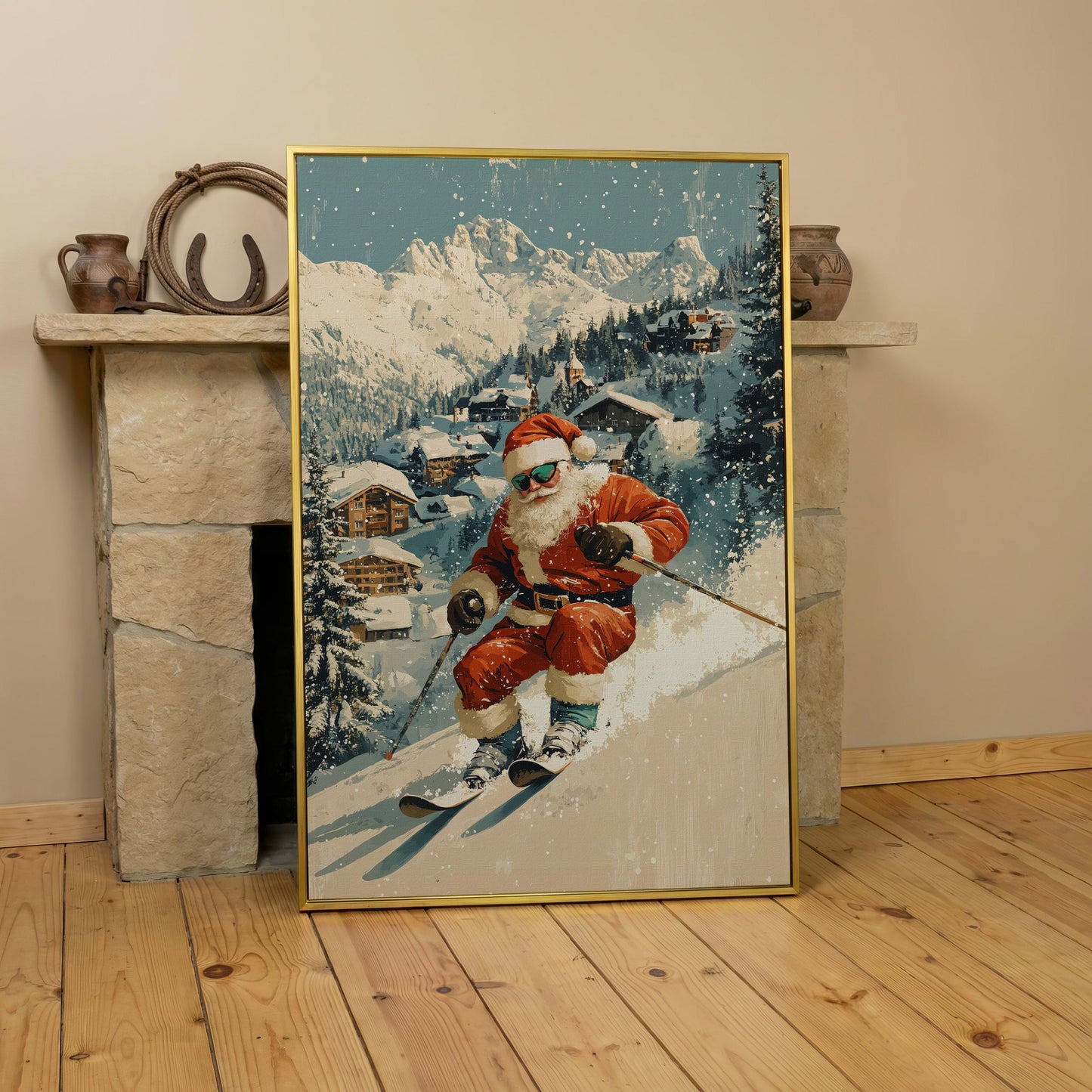 Santa Skiing Mountain Canvas Print in yellow gold floating frame