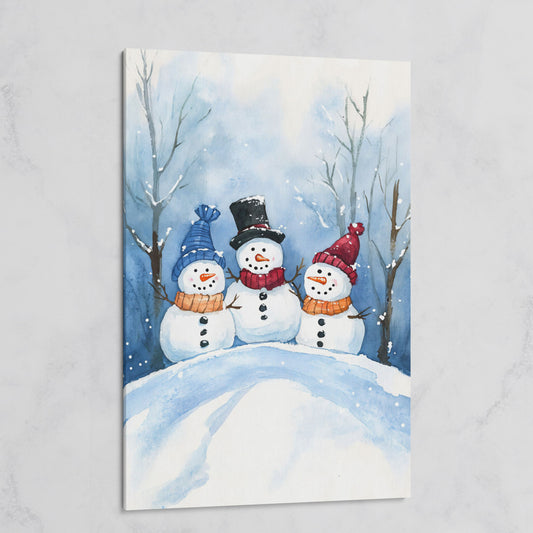 Three Snowmen on a Hill Canvas Print on gallery wrap