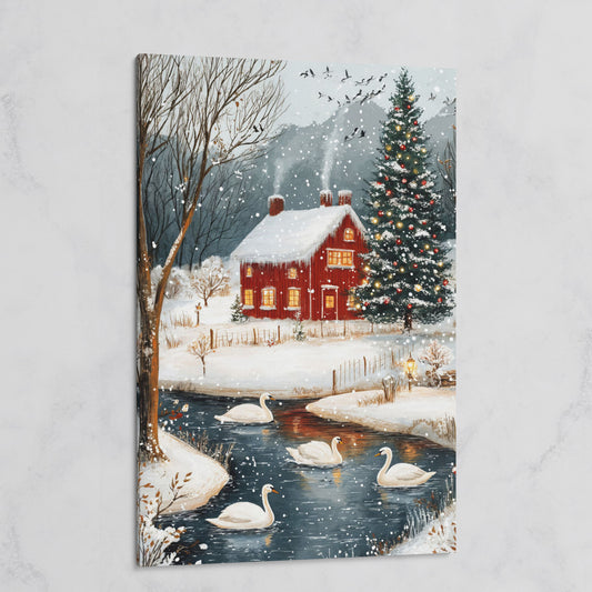 Cozy Winter Cottage Canvas Print with Snowy Christmas Landscape on gallery wrap