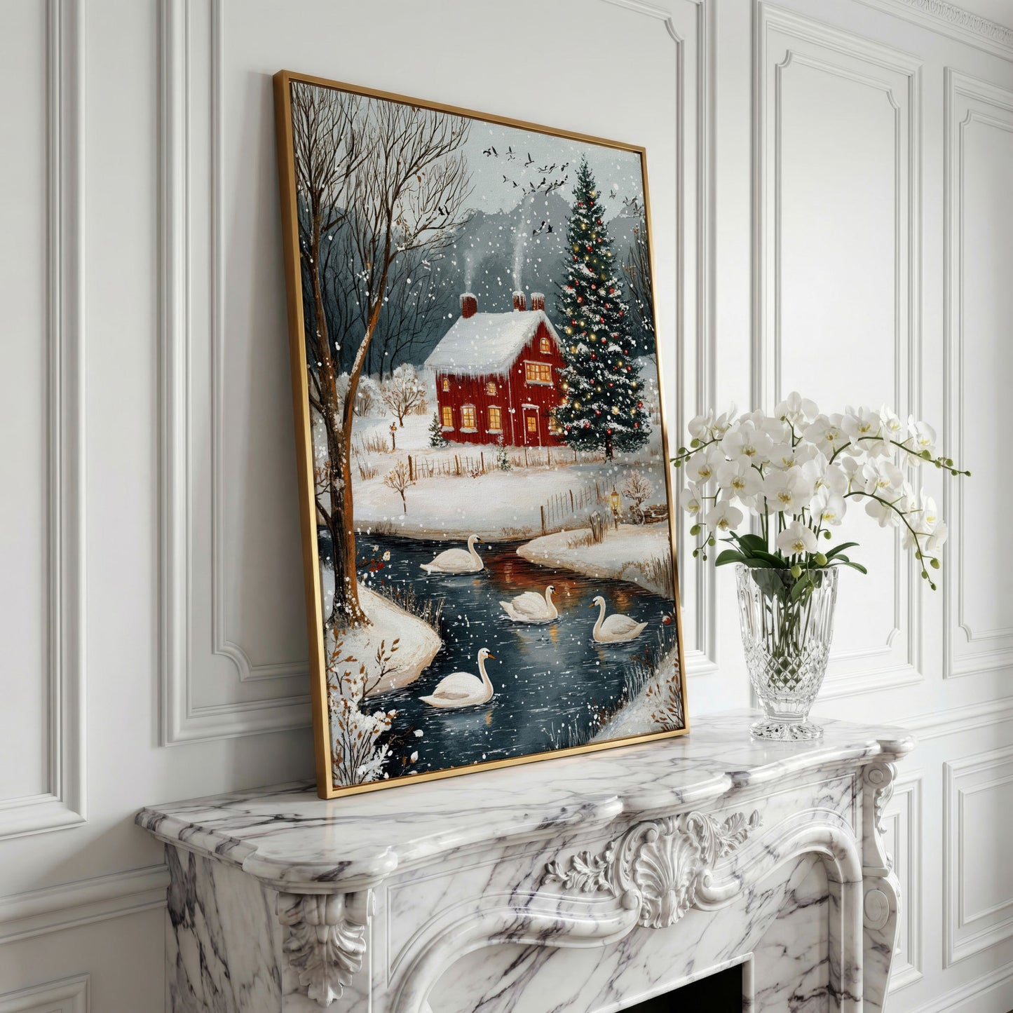 Cozy Winter Cottage Canvas Print with Snowy Christmas Landscape in yellow gold floating frame