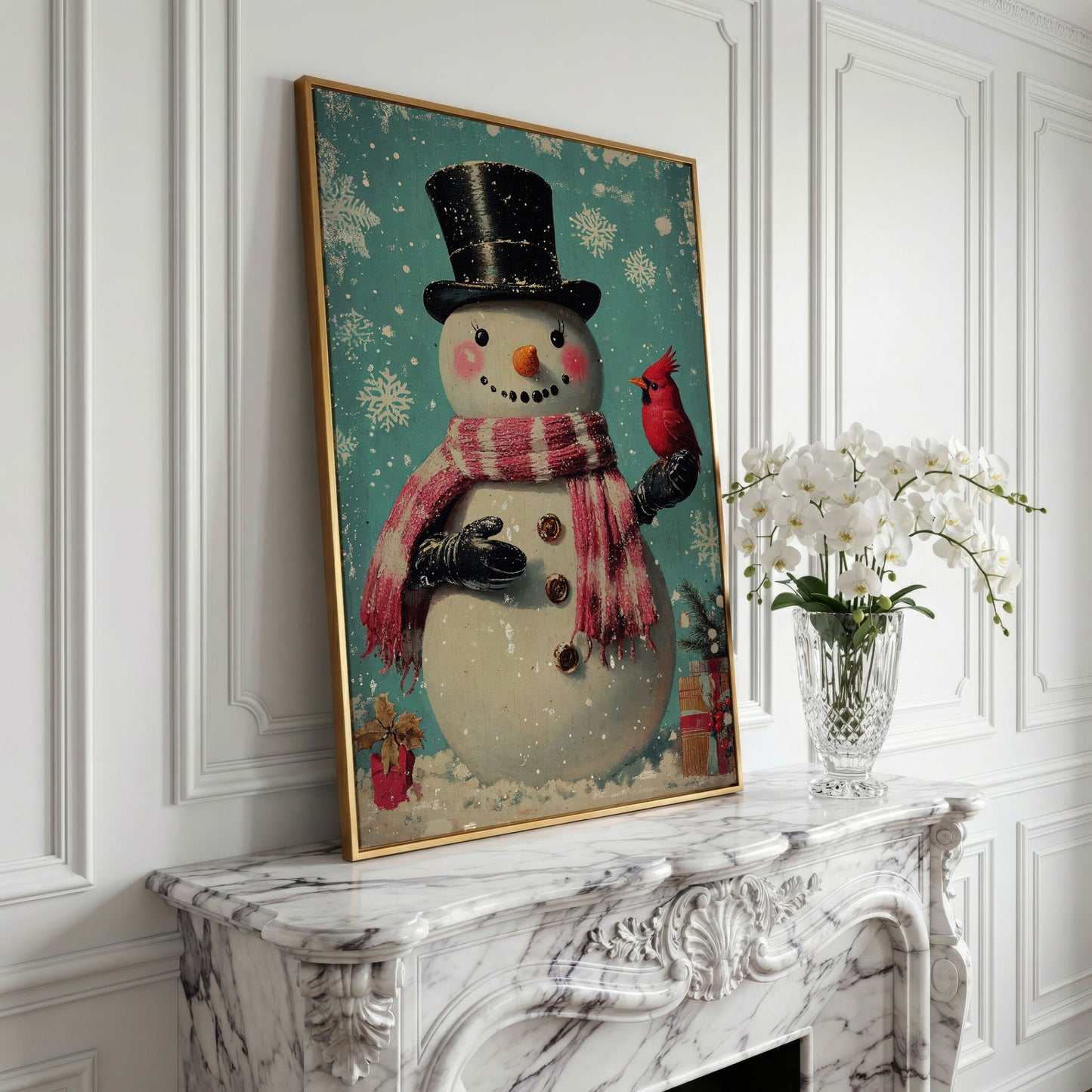 Snowman & Cardinal Canvas Wall Art in yellow gold floating frame