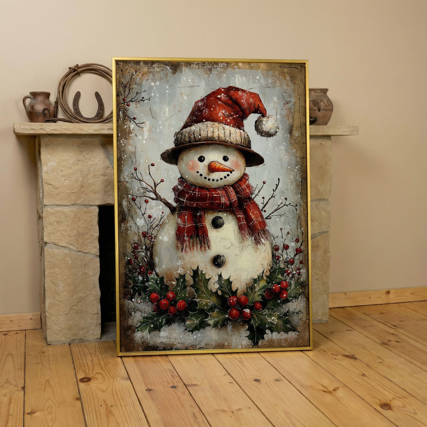 Festive Snowman with Holly Canvas Print in yellow gold floating frame