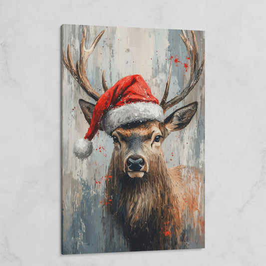 Festive Deer with Santa Hat Canvas Print on gallery wrap