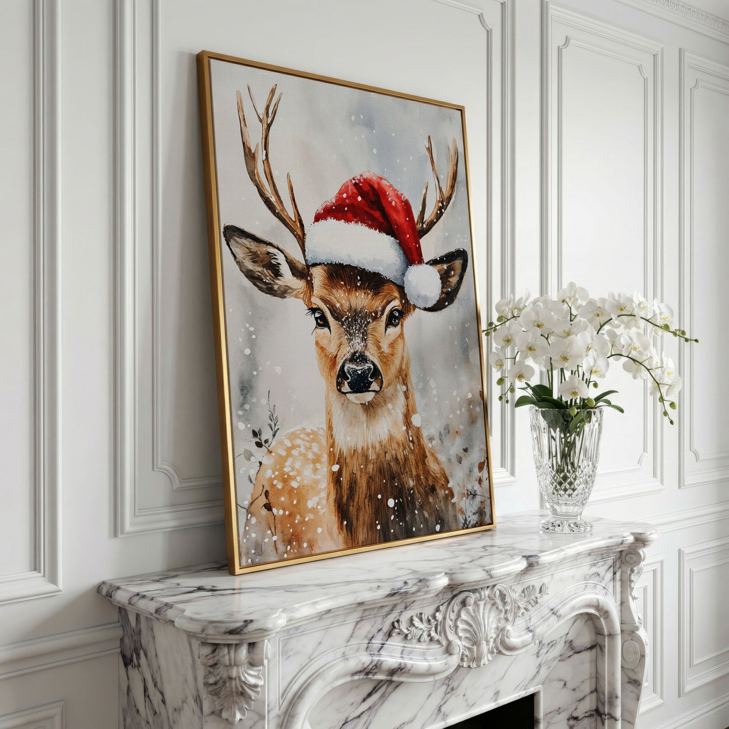 Festive Reindeer with Santa Hat Canvas Print in yellow gold floating frame