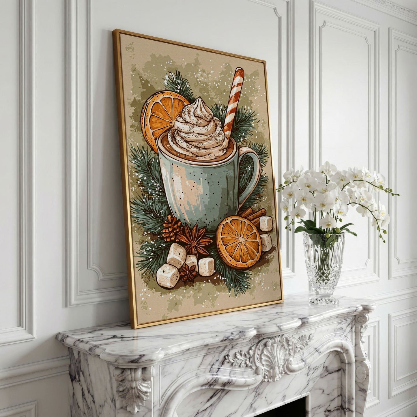 Hot Chocolate Still Life Canvas Print in yellow gold floating frame