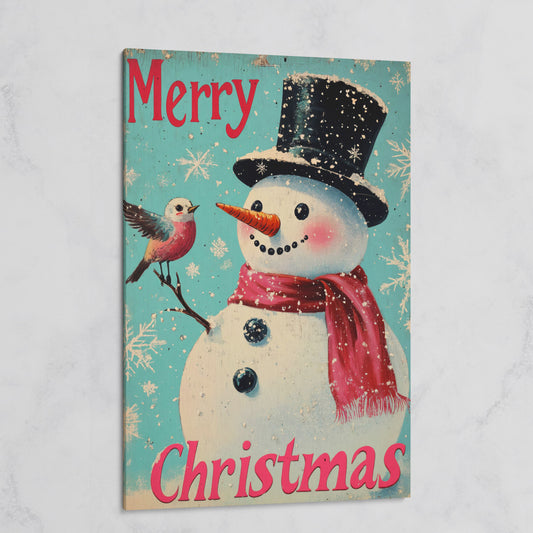 Merry Christmas Snowman with Winter Birds Canvas on gallery wrap
