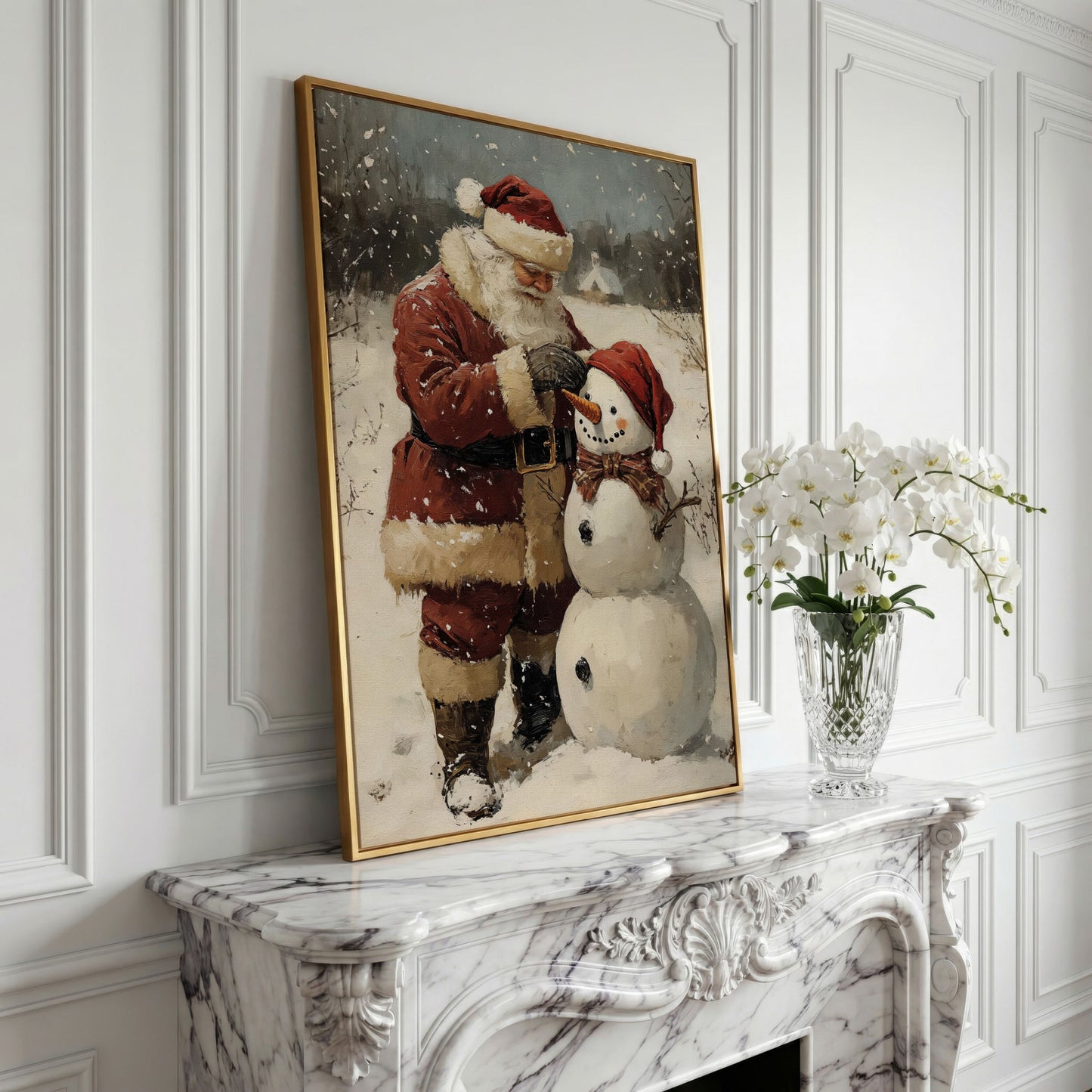 Santa & Snowman Canvas Print, Festive Portrait in yellow gold floating frame