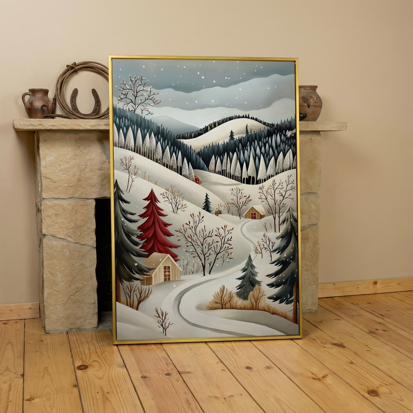 Winter Village Canvas Print with Snowy Hills in yellow gold floating frame