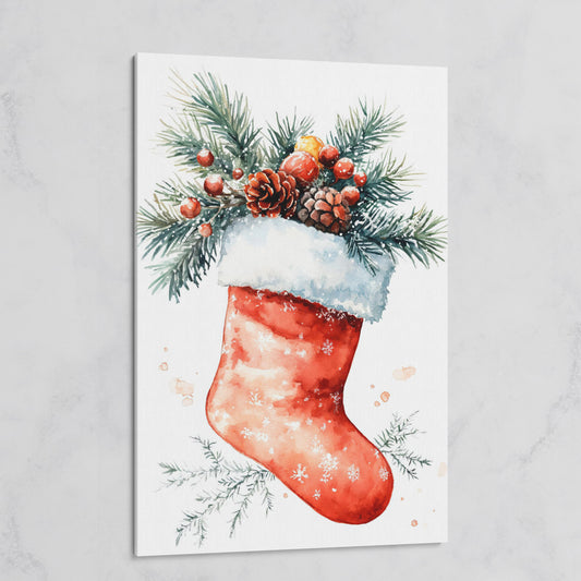 Christmas Stocking Canvas Print with Watercolor Pine on gallery wrap