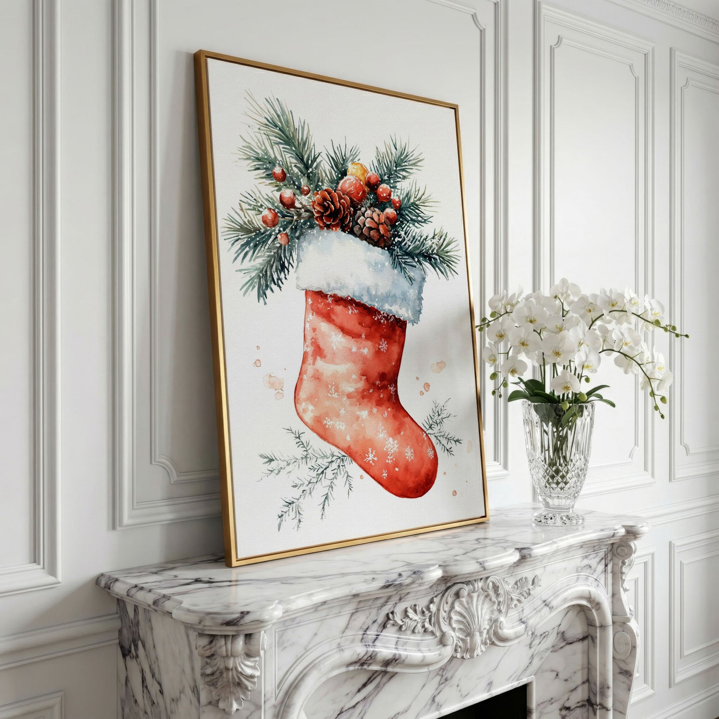 Christmas Stocking Canvas Print with Watercolor Pine in yellow gold floating frame