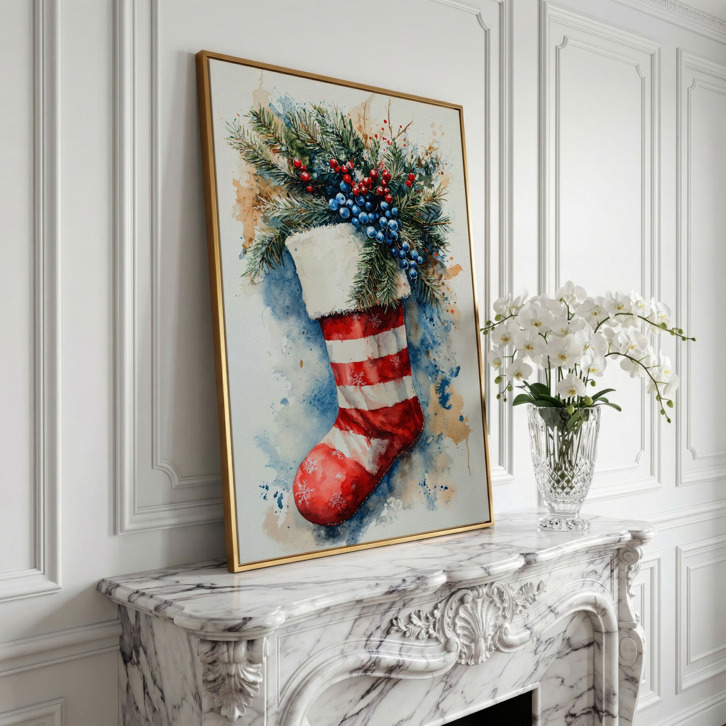 Red Stocking with Watercolor Splatter Canvas in yellow gold floating frame