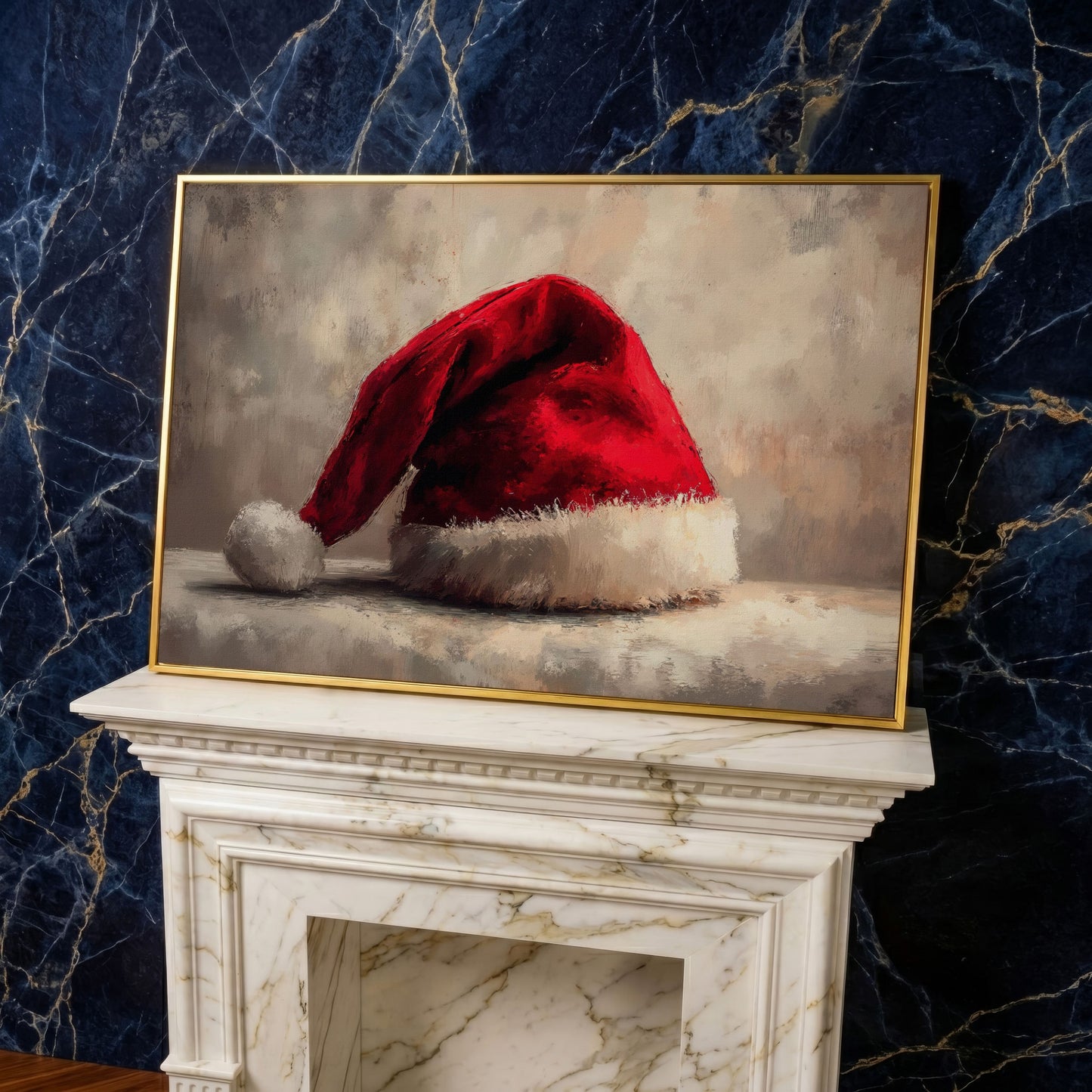 Red Santa Hat Canvas Wall Art in yellow gold floating frame