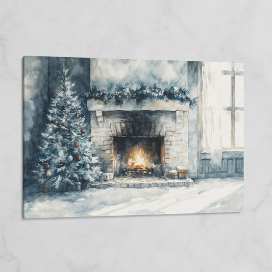 Christmas Tree by Cozy Fireplace Canvas Print on gallery wrap