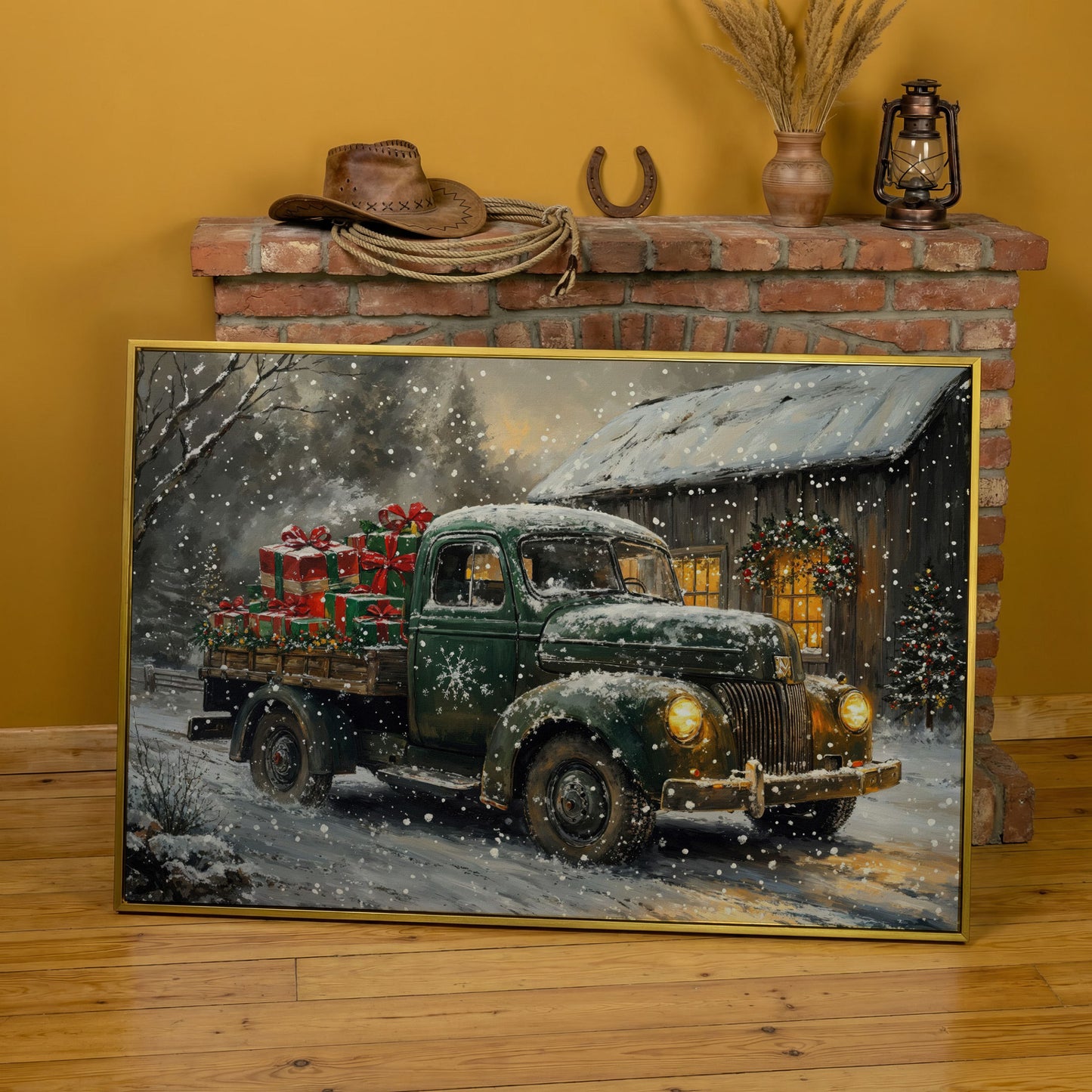 Pickup Truck with Christmas Presents Canvas Print in yellow gold floating frame