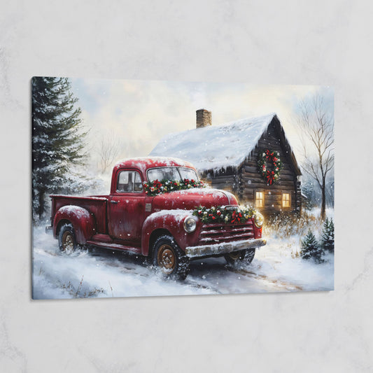 Rustic Cabin with Christmas Red Truck Canvas on gallery wrap