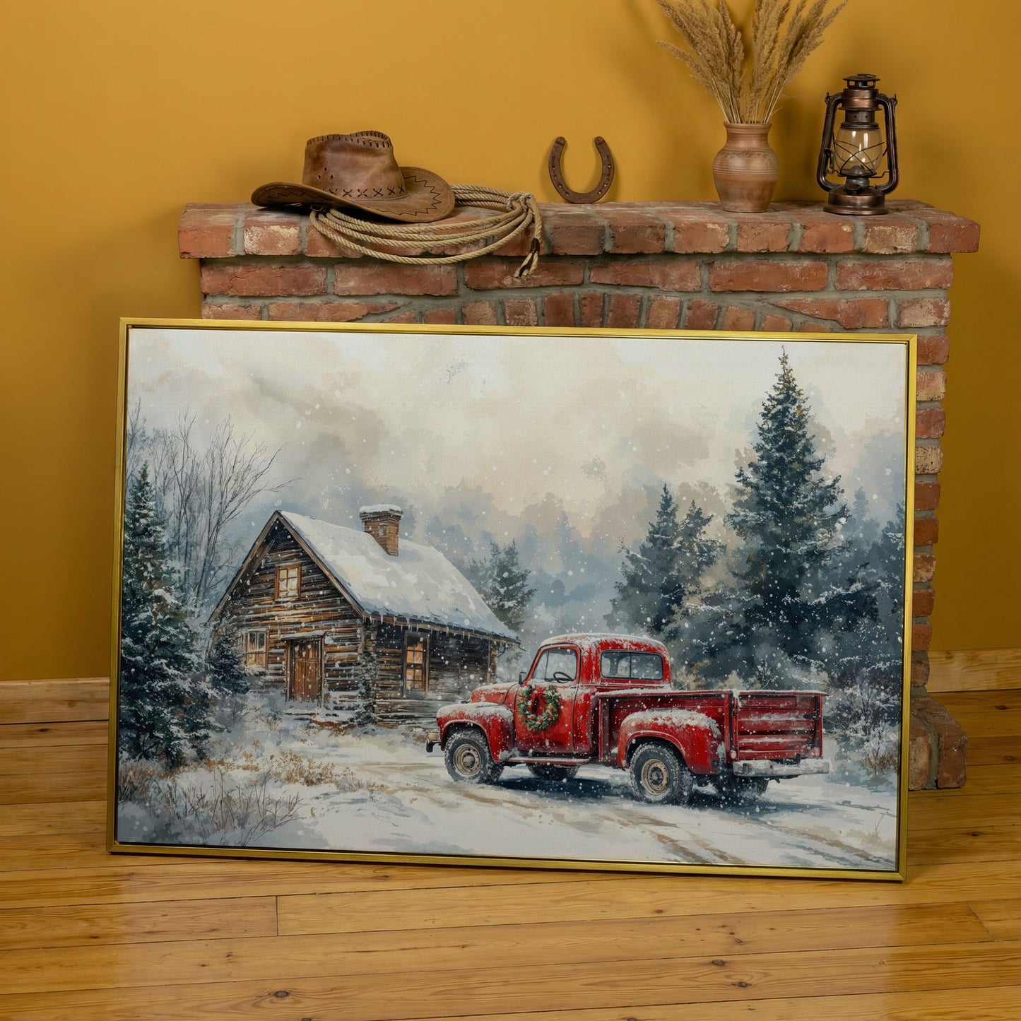 Cozy Cabin and Red Truck Winter Forest Canvas in yellow gold floating frame