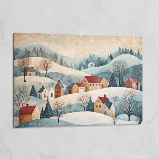 Winter Village Landscape Canvas Print on gallery wrap