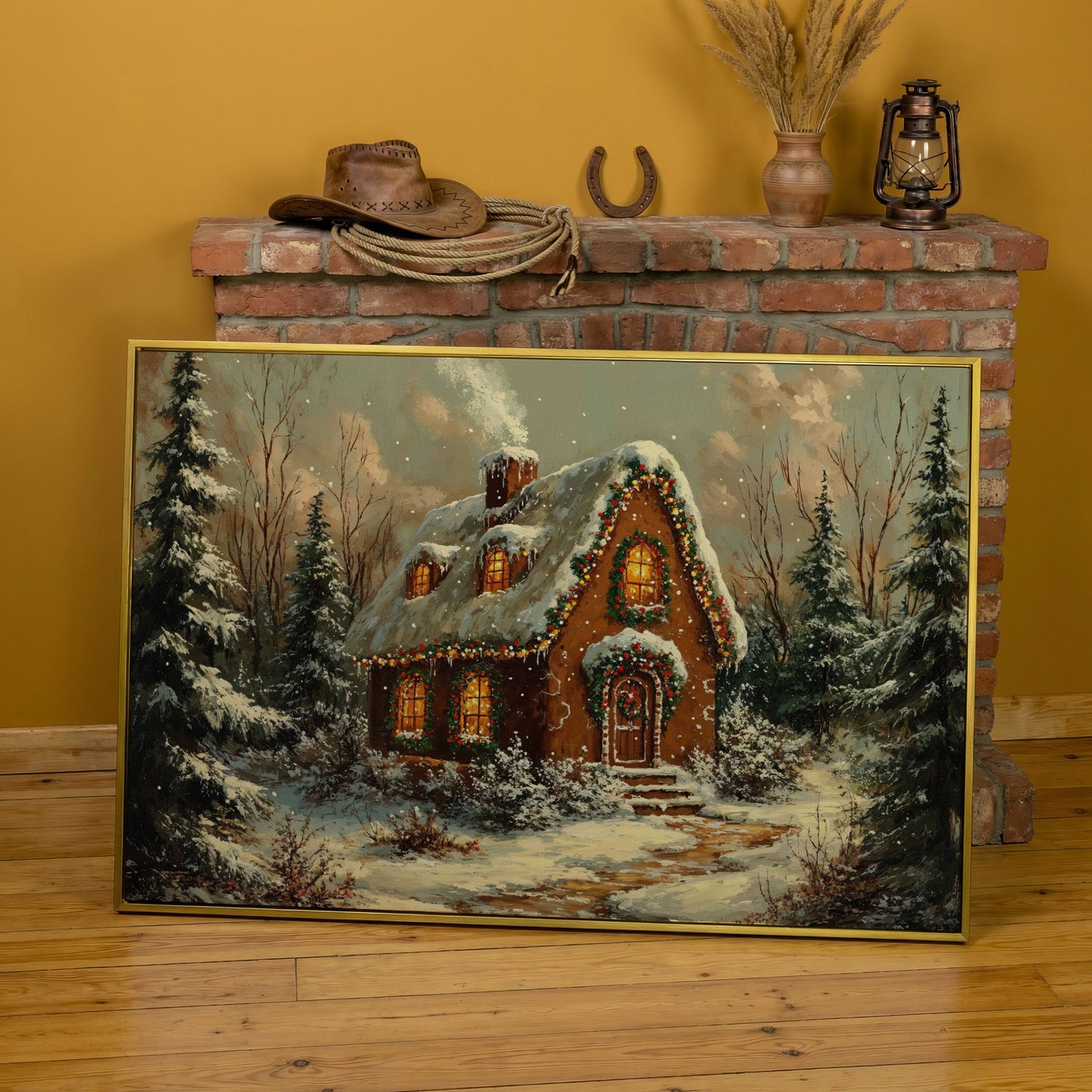 Snowy Forest Cottage Canvas Print with Warm Lamplight in yellow gold floating frame