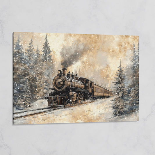 Steam Locomotive Winter Forest Canvas on gallery wrap