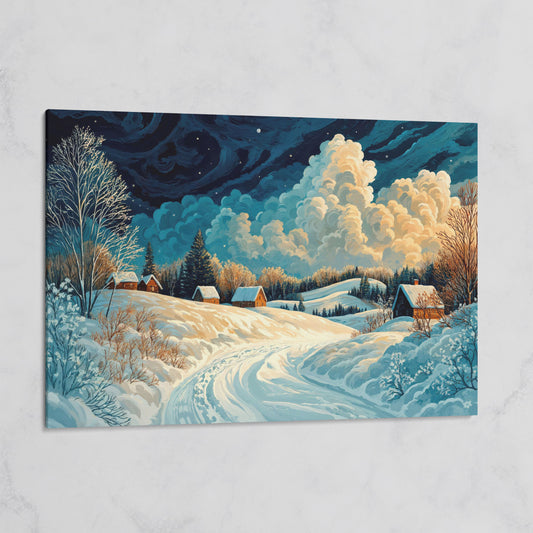 Snow Cottages Under Starlight Canvas on gallery wrap