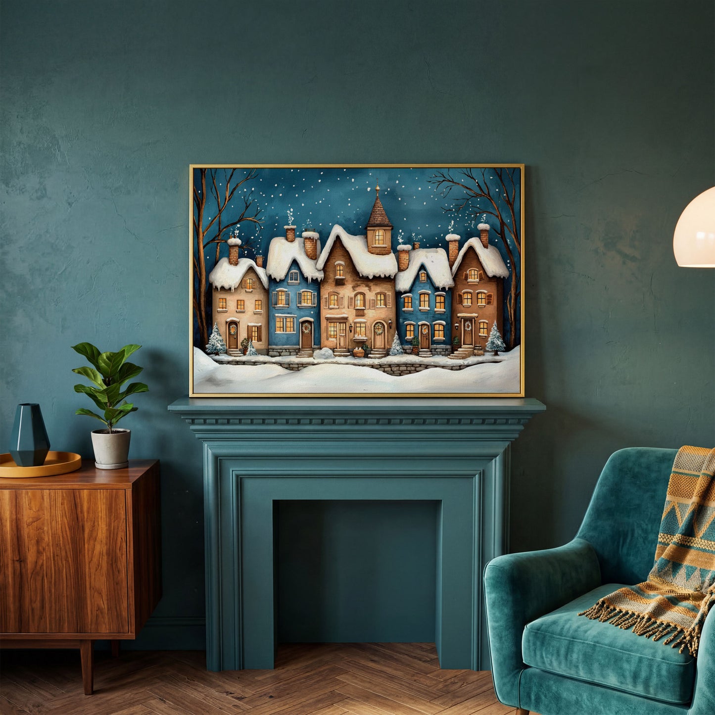 Winter Night Town Canvas Print with Golden Windows in yellow gold floating frame