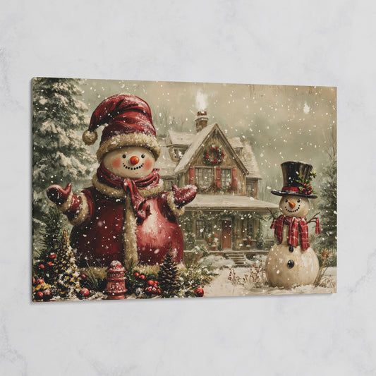 Winter Cottage with Two Snowmen Canvas on gallery wrap