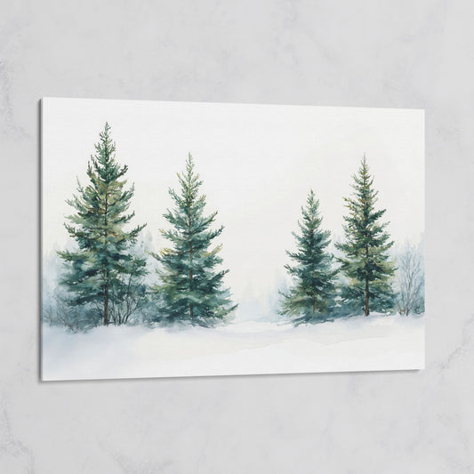 Snowy Evergreen Trees Canvas Print in Teal and Ivory on gallery wrap