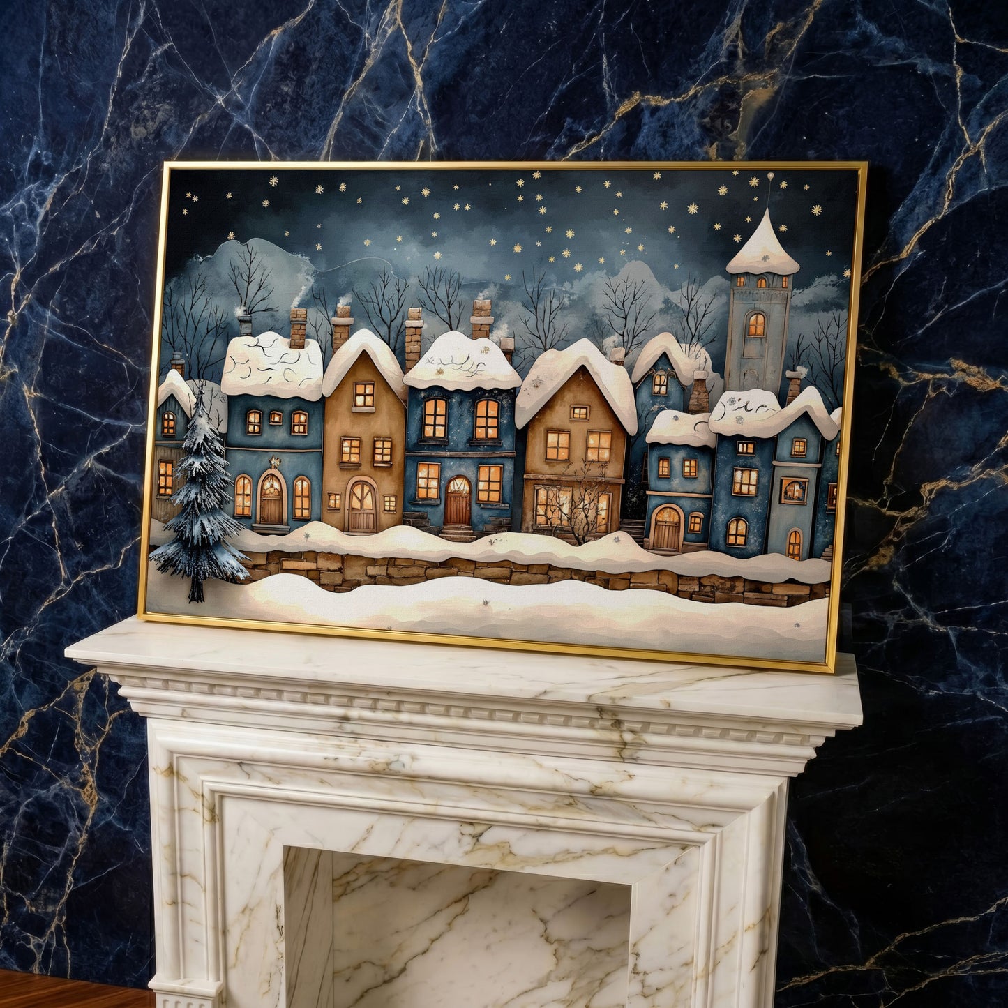Cozy Christmas Houses Canvas Print with Starry Night in yellow gold floating frame