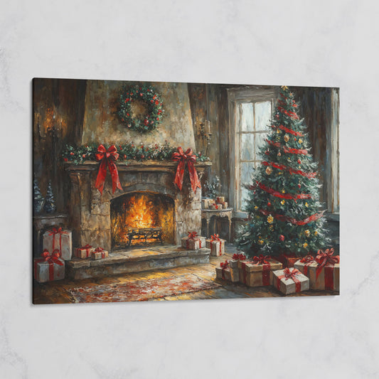 Cozy Fireplace with Garland Canvas Print on gallery wrap
