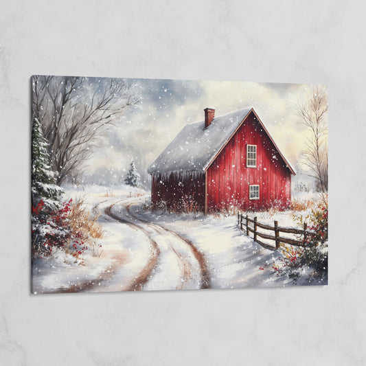 Winter Red Barn Canvas Print with Snowy Path on gallery wrap