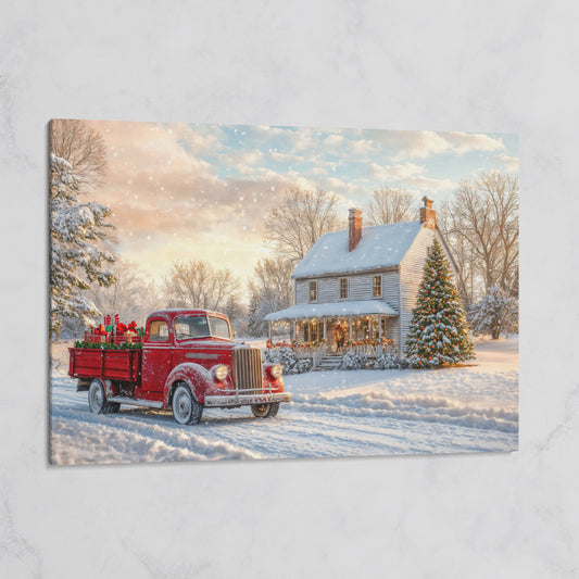 Red Truck with Cottage Canvas Print, Snowy Christmas Scene on gallery wrap