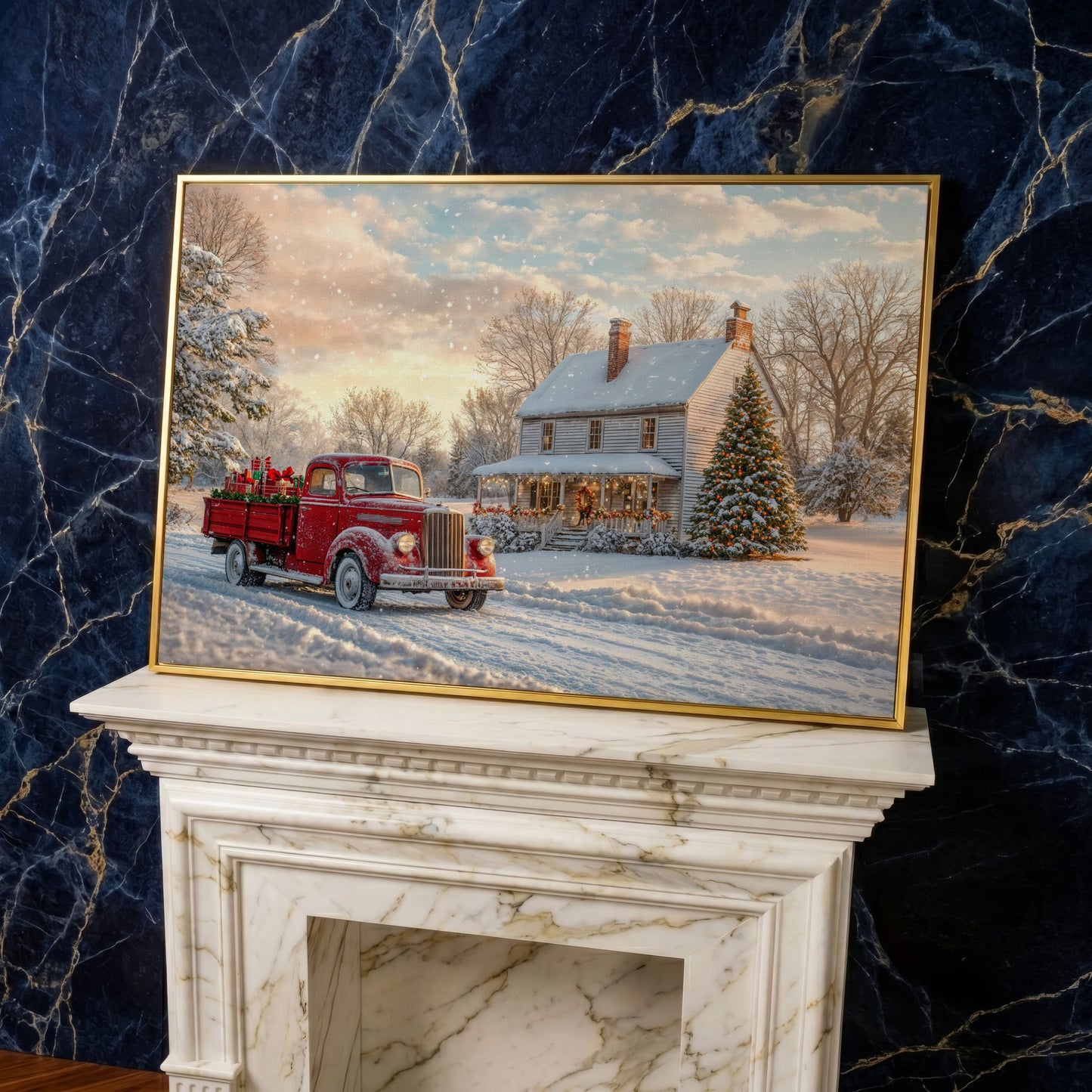Red Truck with Cottage Canvas Print, Snowy Christmas Scene in yellow gold floating frame