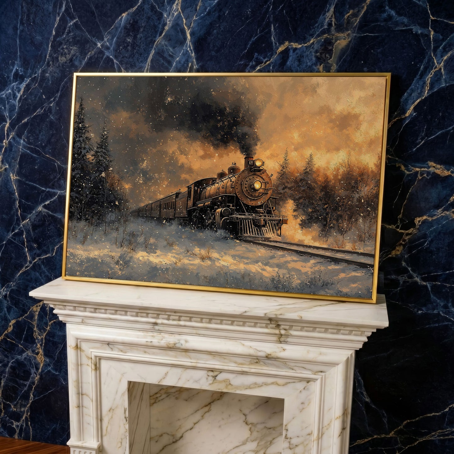 Steam Train in Snowy Forest Canvas Print in yellow gold floating frame