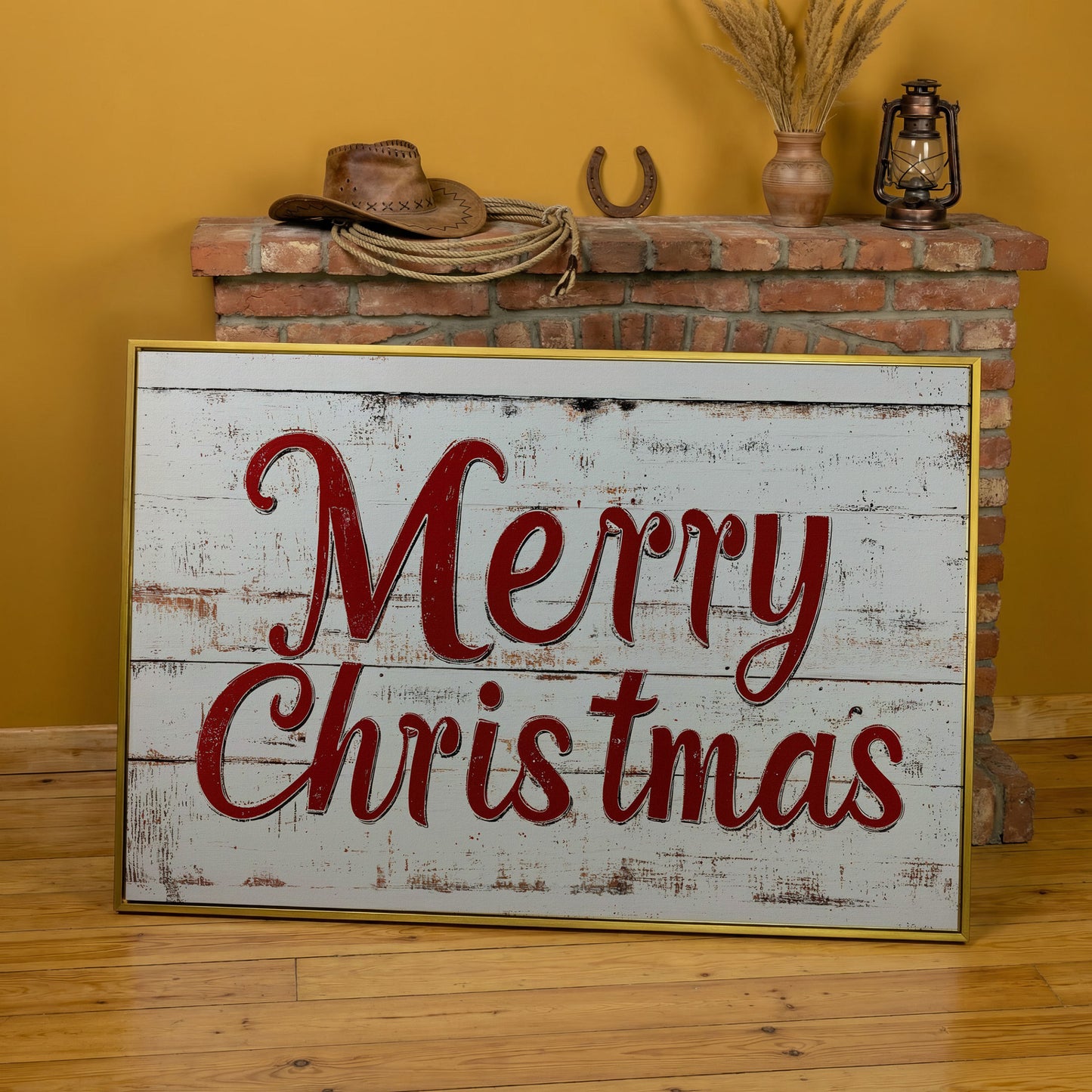 Rustic Merry Christmas Canvas Print in yellow gold floating frame