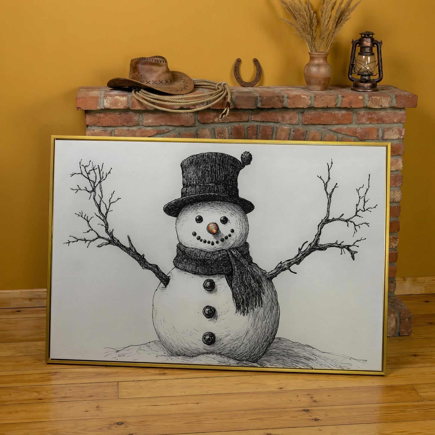 Rustic Winter Snowman Canvas Print in yellow gold floating frame