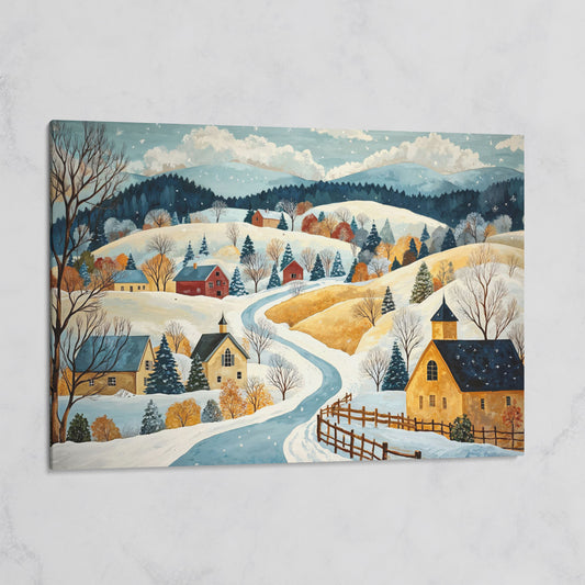 Winter Village Canvas Print on Snowy Hills on gallery wrap