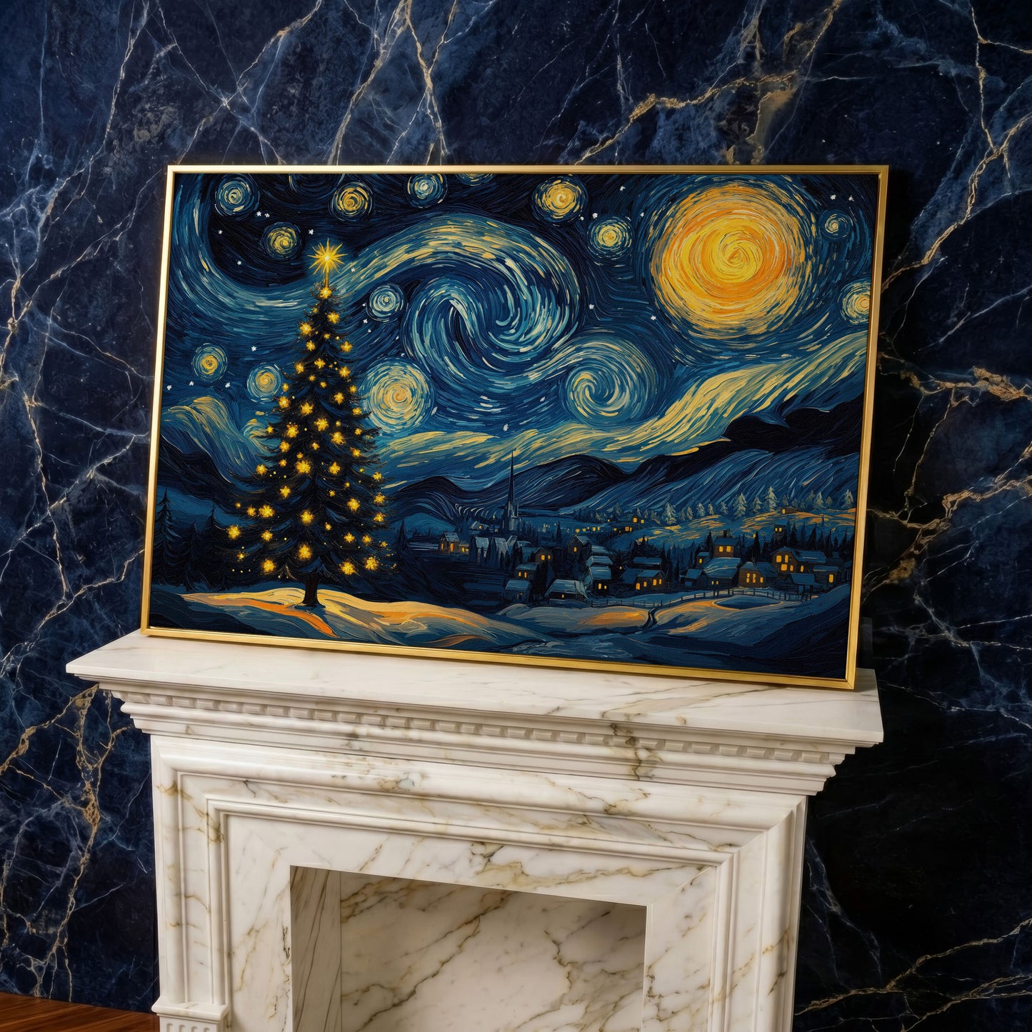 Winter Night Swirling Sky Christmas Tree Canvas in yellow gold floating frame