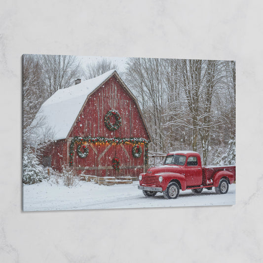 Red Pickup Truck & Snowy Barn Christmas Canvas on gallery wrap