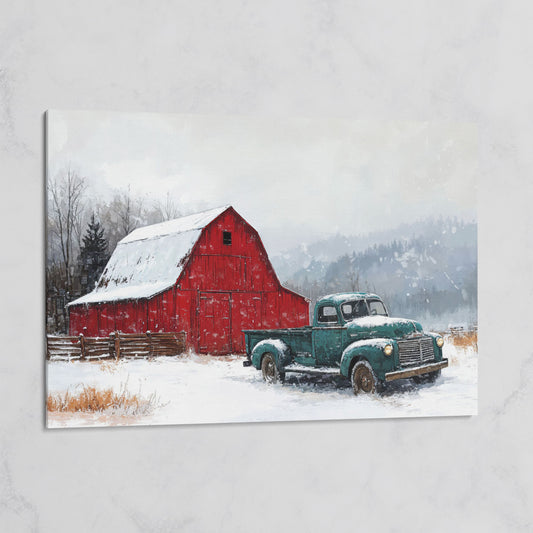 Winter Red Barn with Green Pickup Truck Canvas on gallery wrap