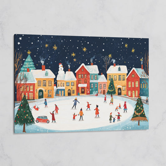 Winter Ice Skating Town Canvas Art with Folk Christmas Scene on gallery wrap